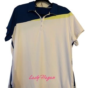 Lady Hagen women’s golf shirt. White with navy and yellow contrast.